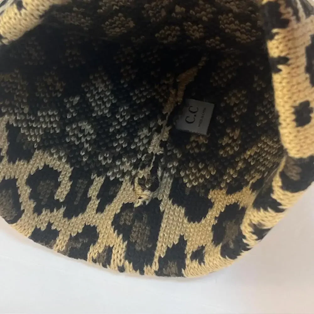 C.C Leopard Print‎ Beanie with Pom Pom